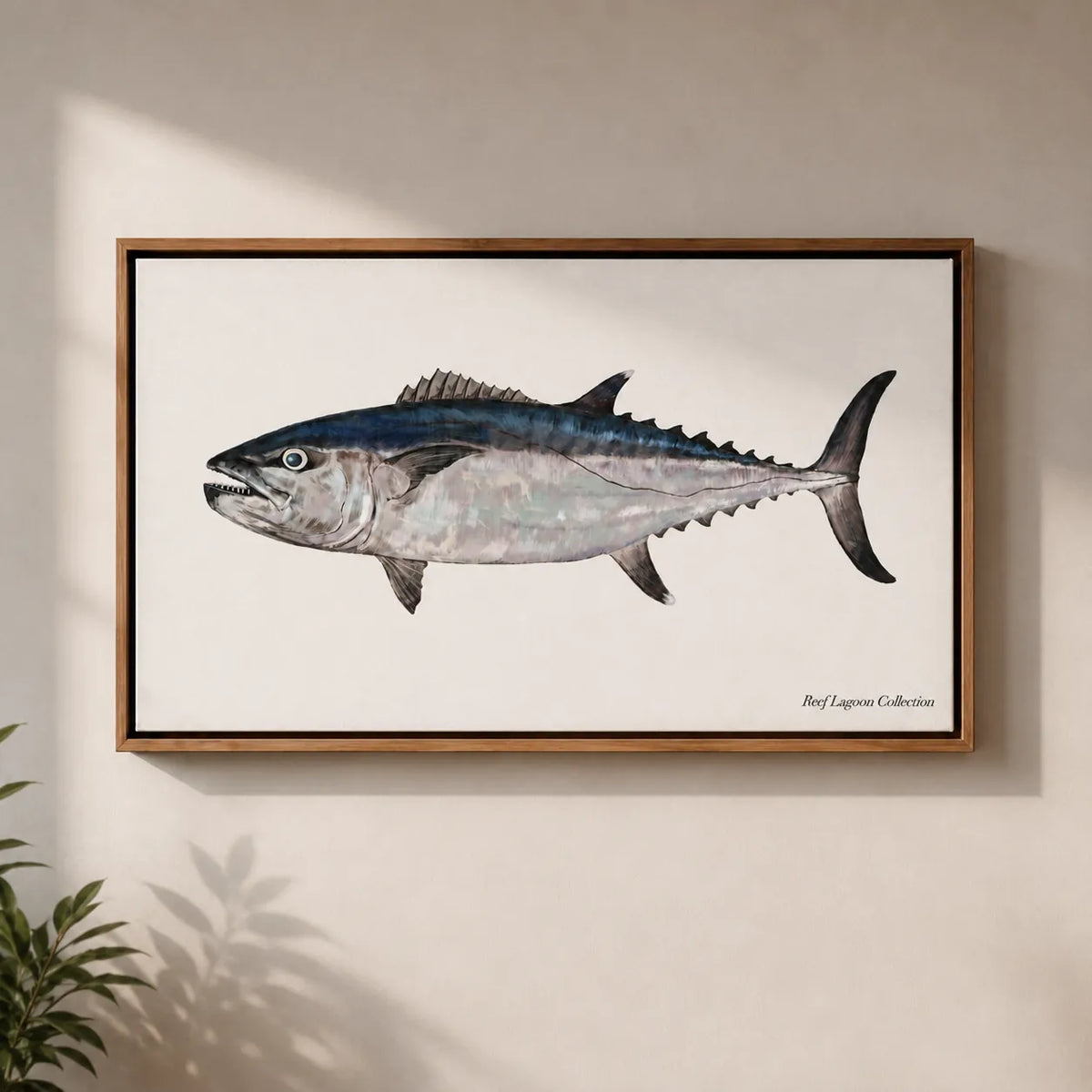 Hand-painted dogtooth tuna artwork in a timber frame